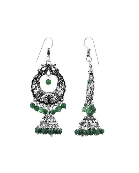 PAIR OF PEACOCK INSPIRED DANGLERS WITH GREEN BEADS