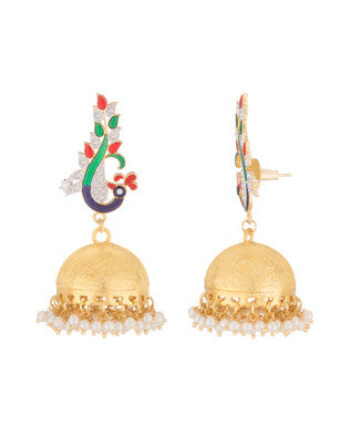 PEACOCK JHUMKI EARRINGS EMBELLISHED WITH CZ & PEARL BEADS