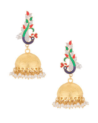 PEACOCK JHUMKI EARRINGS EMBELLISHED WITH CZ & PEARL BEADS