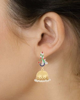 PEACOCK JHUMKI EARRINGS EMBELLISHED WITH CZ & PEARL BEADS