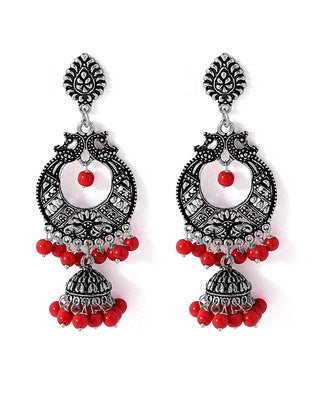 OXIDISED HOOP EARRINGS WITH RED BEADS DROPS