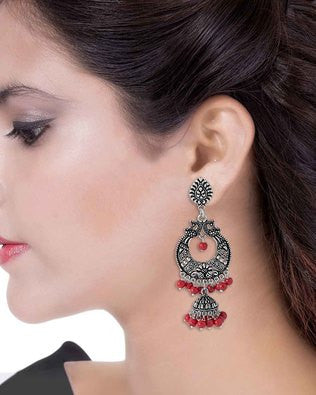 OXIDISED HOOP EARRINGS WITH RED BEADS DROPS