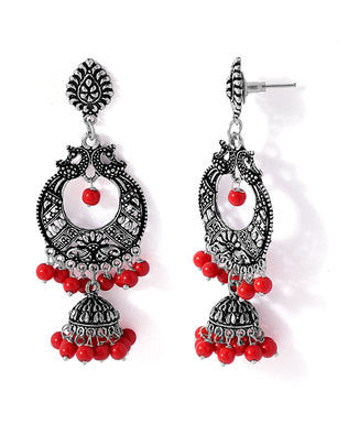 OXIDISED HOOP EARRINGS WITH RED BEADS DROPS