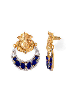 GANESHA HOOP EARRINGS WITH BLUE STONE EMBELLISHMENT