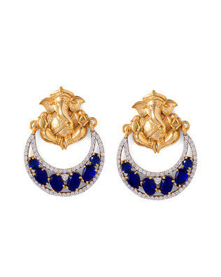 GANESHA HOOP EARRINGS WITH BLUE STONE EMBELLISHMENT